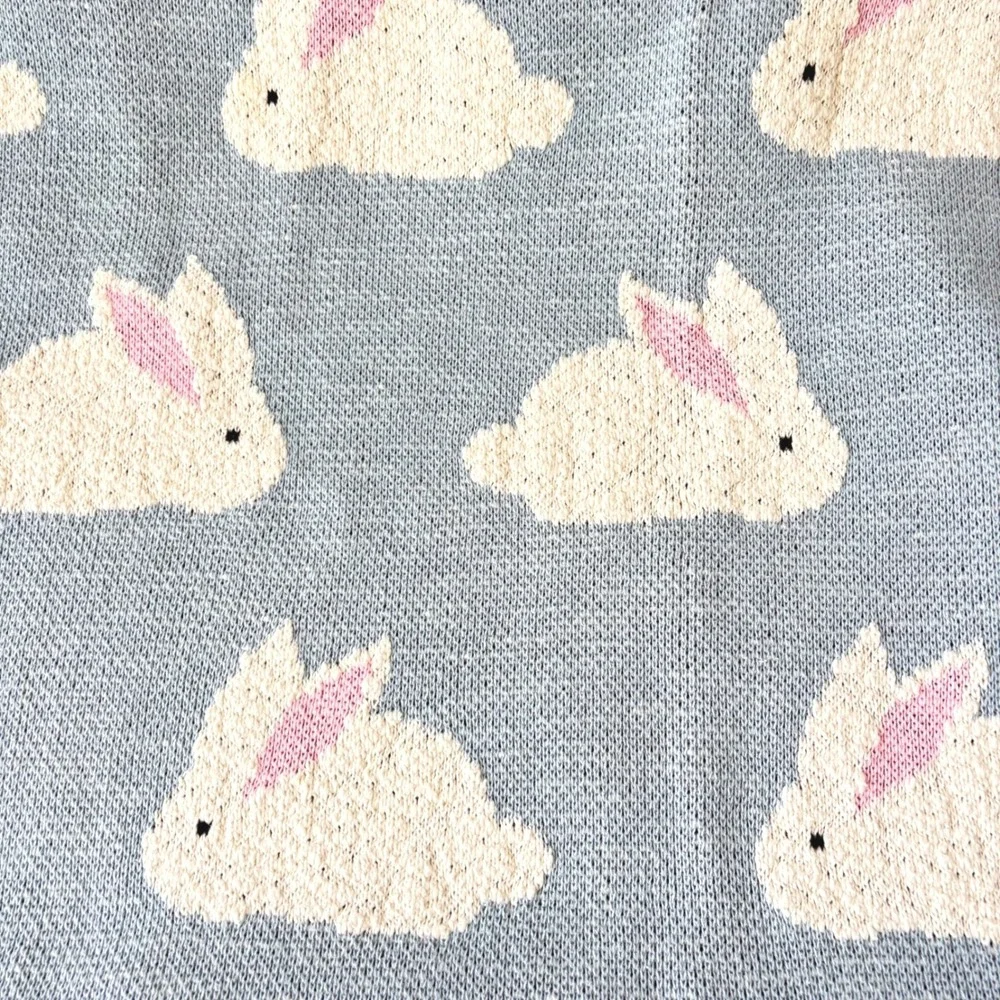 Safavieh Cotton Knit Bunny Rabbit Baby Blanket Light Blue Grey Reversible Luxe